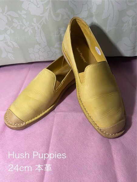 【美品】Hush Puppies 本革 スリッポン イエロー 24cm