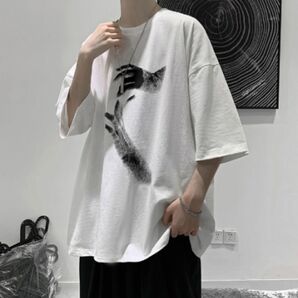 メンズ シンプル プリント 半袖 Tシャツ 韓国 ホワイト