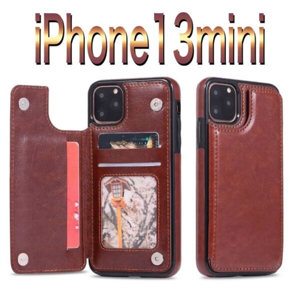 iPhone13mini スマホケース 茶色 人気 背面収納