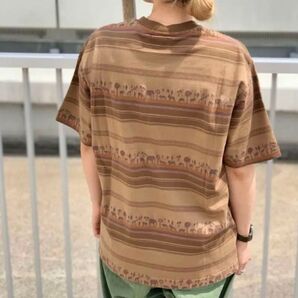 BEAMS ジャカードサファリボーダーポケットTシャツ/ブラウン