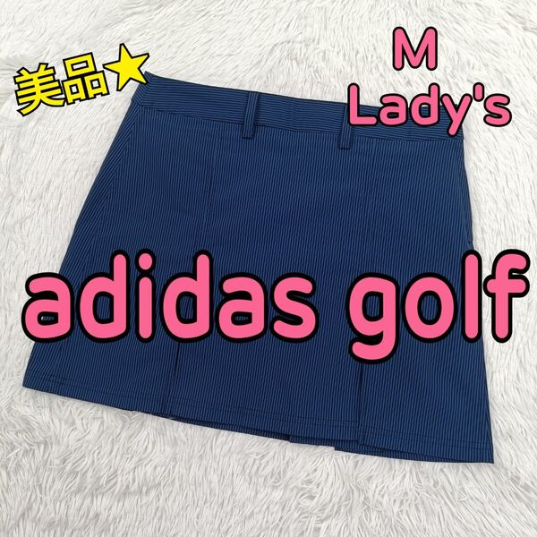 adidas アディダス ゴルフ 春夏 スカート 速乾ドライ ストレッチ プリーツ 紺色 × 黒 ストライプ柄 レディース M
