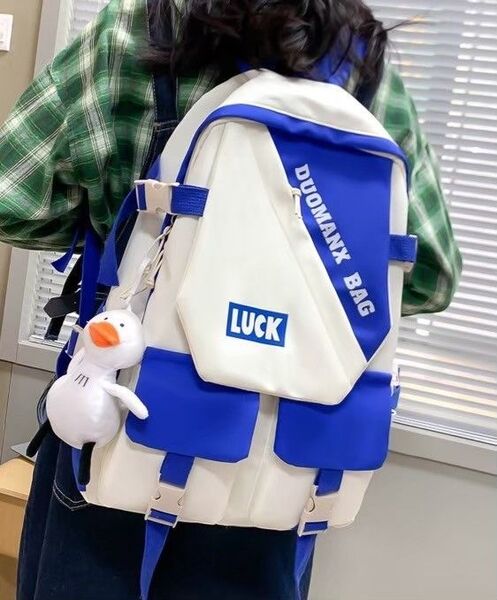 【ブルー】数量限定!大容量 リュック デザイン 黒 学生 韓国 原宿系 スクールバッグ