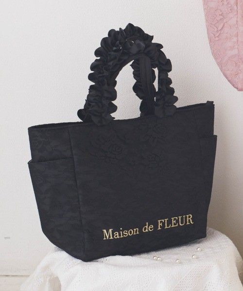 Maison de FLEUR レースサテンサイドポケットトートバッグ