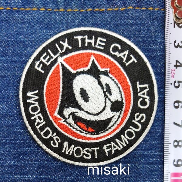 FELIX サークル アイロンワッペン 刺繍 パッチ ワッペン 黒猫