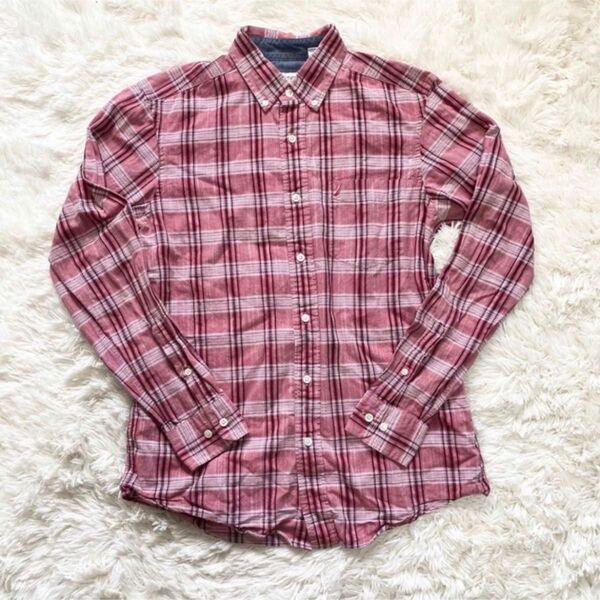 NAUTICA 長袖シャツ レッド系 チェック ワンポイント サイズUSA S
