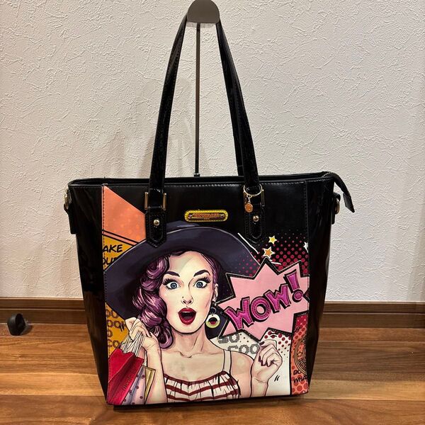 【美品】NICOLE LEE ニコルリー エナメル切替 トート バッグ 黒