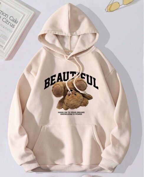 SHEIN ベージュ クマデザイン フリースパーカー 裏起毛 パーカー 古着