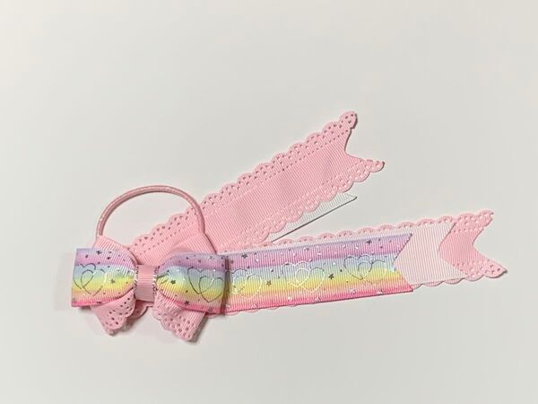 No.349 再販 ハンドメイドヘアゴム ロング ハート柄レインボーピンク