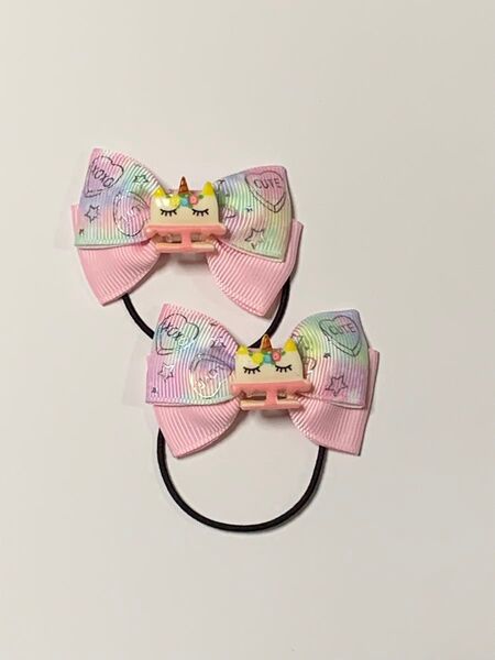No.115 ハンドメイドヘアゴム ユニコーンケーキパーツ付き ハート柄 ピンク