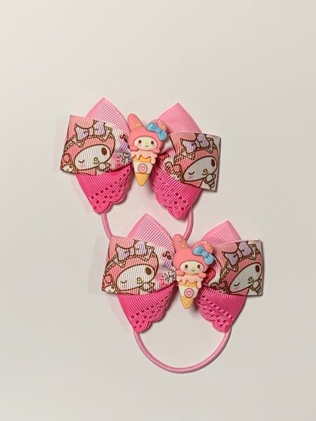 No.424 再販 ハンドメイドヘアゴム アイスパーツ付き ハート柄 マイメロ