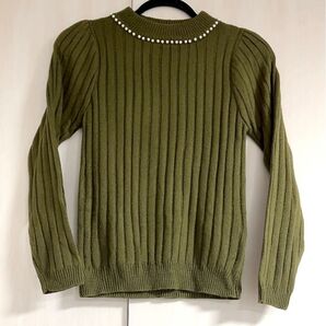 MAJESTIC LEGON パール付リブタートル カーキー色 FREEサイズ 美品 アクリル100%