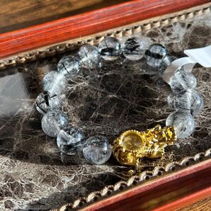 デザインブレスレット☆ブラックトルマリンインクォーツ×くるくる貔貅パーツ