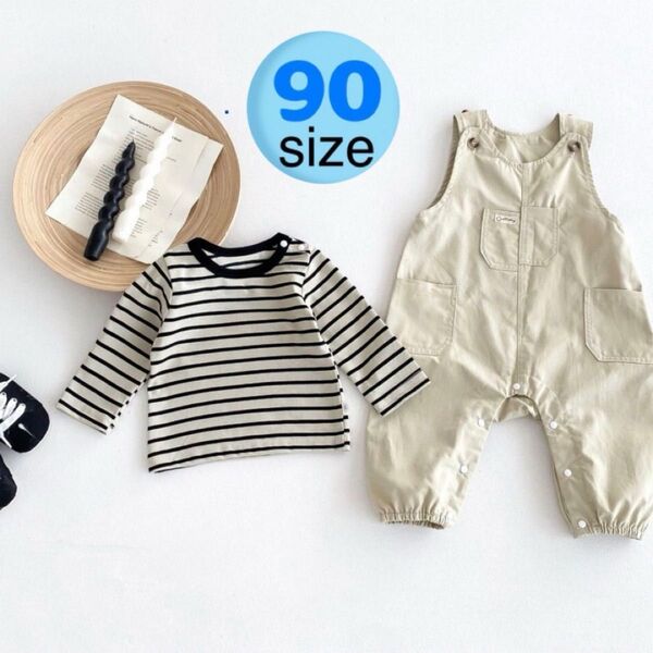 カバーオール ベージュ 90 ストライプ Tシャツ セット ベビー 子供服 つなぎ 男の子 シャツ ストライプ シンプル ゆったり