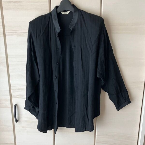 THE GAP-T 黒ストライプ チュニック丈ブラウス Mオーバーサイズ シルク混 洗濯機OK アイロン不用