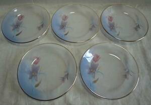 ガラス製 中皿 花柄 5枚 デザート皿 ケース皿 プレート 硝子 金縁 食器 工芸品 レトロ