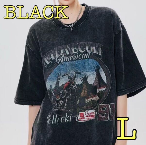 L 黒 ヴィンテージ加工 バンド Tシャツ カーキ 半袖 ロックTシャツ