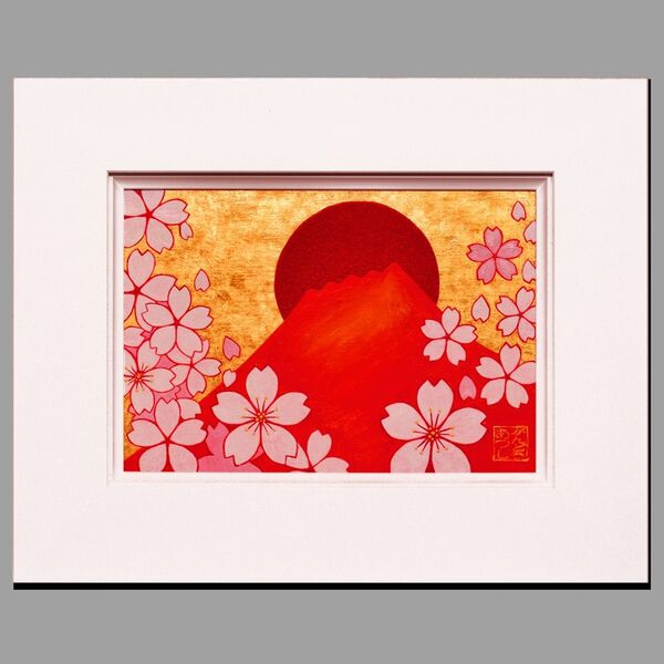 原画◎『桜と赤富士』●がんどうあつし和洋画●純金箔Liquitex膠日本画油絵画