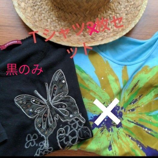 Tシャツ半そで黒 ちょうちょ レディース 1枚