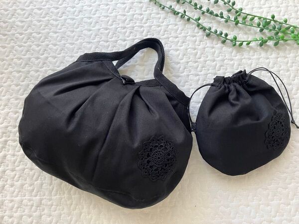 黒オックス&ドイリーレース*ミニグラニーバッグDカン付+しじみ巾着*ハンドメイド*