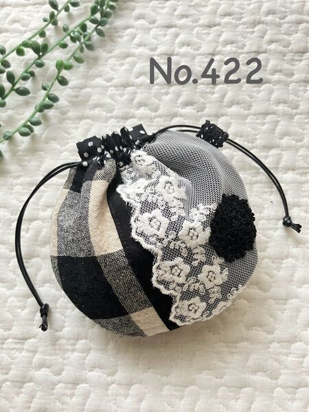 No.422*mini しじみ巾着袋*ハンドメイド*黒*幅広チュールレース*