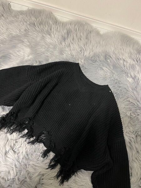 アナップ ANAP 黒 クロップドニット 黒 ブラック フリンジ セーター