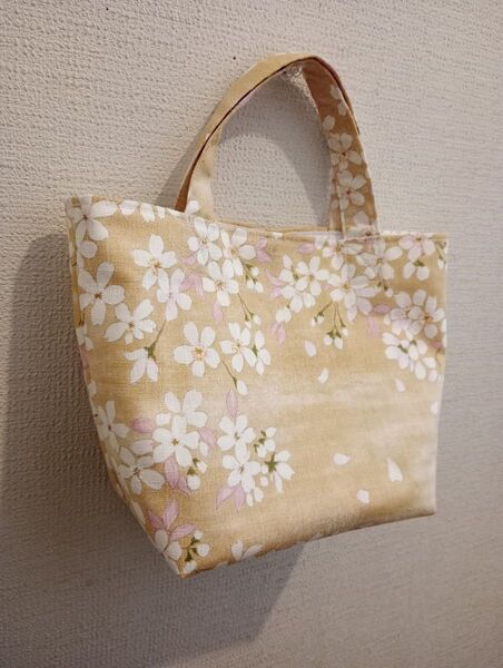 ベージュ桜 ハンドメイド ミニトートバッグ ランチバッグ