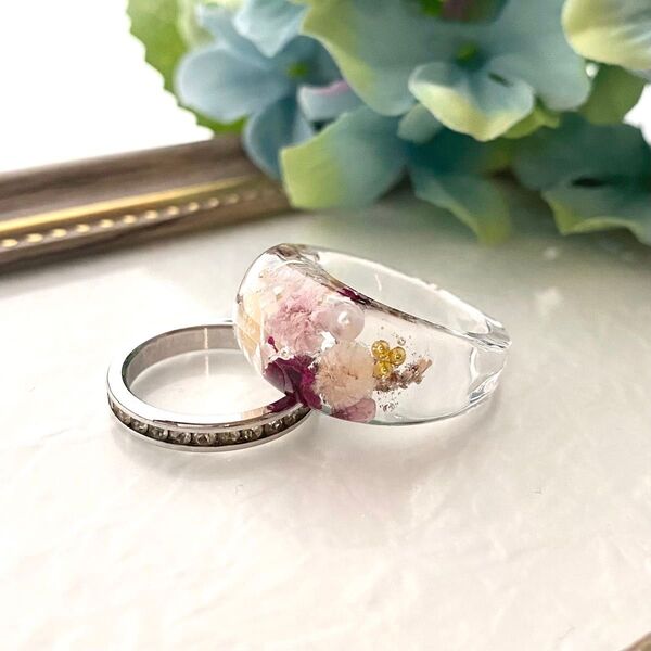 ハンドメイド★レジン リング 指輪 ドライフラワー ブーケ 花束 12号