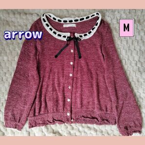 ARROW アロー ワインレッド 赤 ボルドー 可愛い トップス ガーリー カーディガン 薔薇ボタン ボウタイ レディース