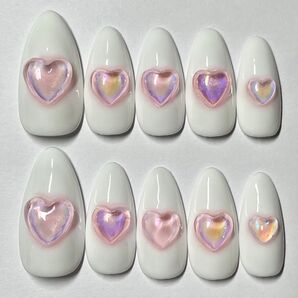 No126.ネイルチップ白ホワイトピンクハートうるうるちゅるんオーロラゆめかわ
