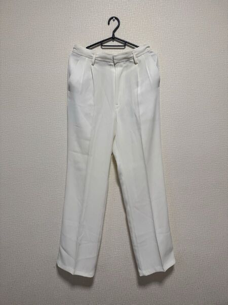 センタープレス ワイドパンツ 白 ホワイト ゆったり ウエストゴム タックワイドパンツ ツータック