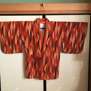 正絹 道中着 オレンジ色幾何学模様 アンティーク