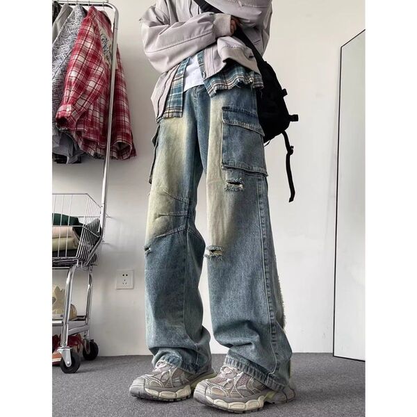 3XL ダメージ デニム メンズ パンツ ジーンズ ストリート ワイド ジーパン 新品 ズボン ユニセックス 未使用 カジュアル