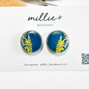 ブルー ミモザ 菜の花 花 春 美濃焼タイル ピアス 花 イヤリング タイル タイルピアス 小ぶり