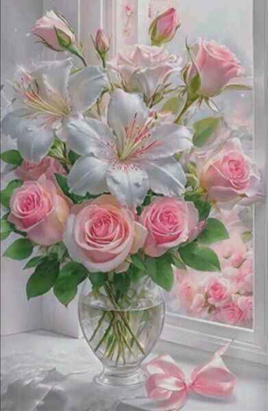 クロスステッチキット 薔薇と百合 (14CT、図案印刷あり)