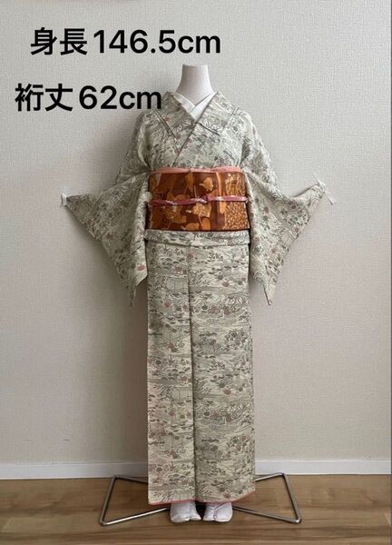NO.416 小紋 正絹 古都の景観模様 クリーム色 着物単品
