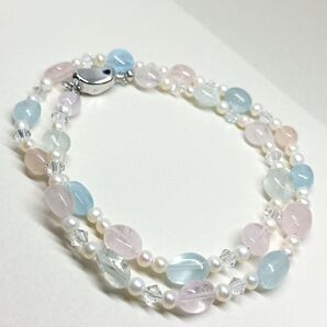 未使用 天然石 ネックレス アクアマリン モルガナイト ベリル 真珠