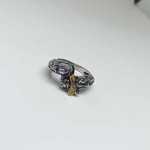 美品 ヴィンテージ 色硝子 トンボ モチーフ リング