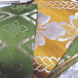 半幅帯 抹茶 山吹 緑 黄色 金糸 銀糸 踊り ステージ ビビッド 可愛い 細め 子ども キッズ 花菱 リバーシブル 昼夜