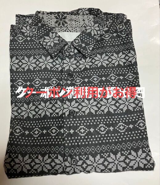 美品 SLICKスリックの日本製 グレー系総柄 綿100%長袖シャツ(サイズ36 S位)