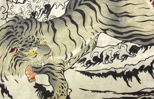 アロハシャツ　白虎　M　シルク　和柄　検）　絹　日本画　サンサーフ　アロハ　ハワイアン　Hawaiian shirt　浮世絵　虎　White Tiger