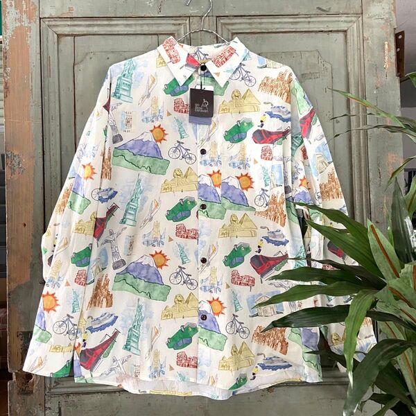 新入荷!4番 Lsize ゴースローキャラバン 世界の名所 シャツ 長袖 総柄 シャツ