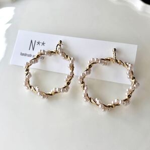 【048】 パール フープ ハンドメイドピアス ハンドメイドイヤリング