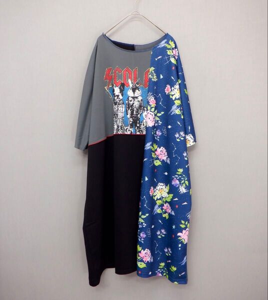 ロック×花柄切替 パッチワーク風ワンピース