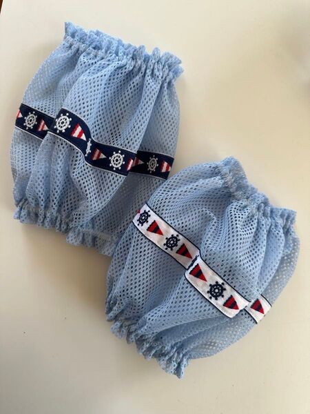 犬用スヌード★メッシュニット 刺繍リボン(マリン) Lサイズ 2色セット ハンドメイド