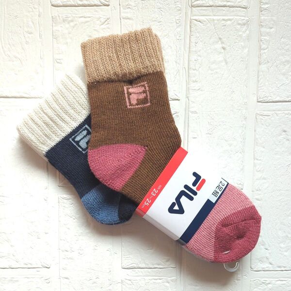 【新品】おびつき FILA フィラ ニットパイル厚手ルームソックス 2足 23ー25cm 靴下 温活