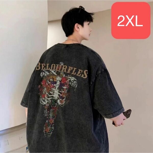 メンズTシャツ半袖トップス(ブラック/2XLサイズ)春夏秋おしゃれレトロダボT