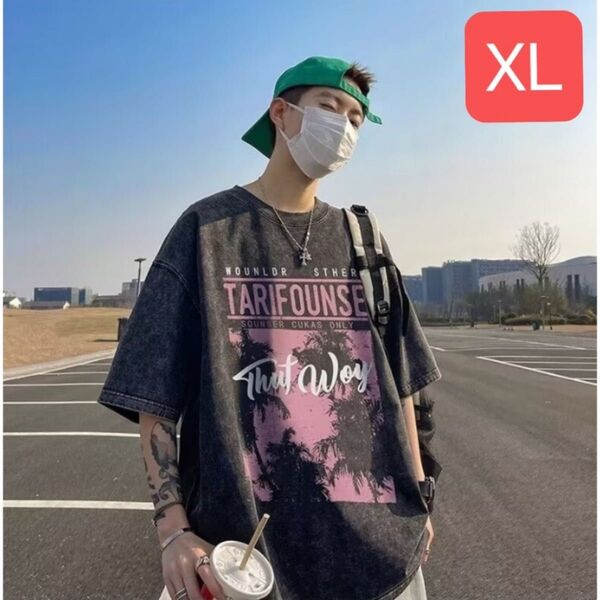 メンズTシャツ半袖トップス(ブラック/XLサイズ)春夏秋おしゃれレトロダボT