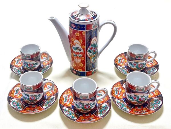 有田焼 鳳山造 古伊万里 色絵花鳥文 ポット付きコーヒーカップ&ソーサーセット