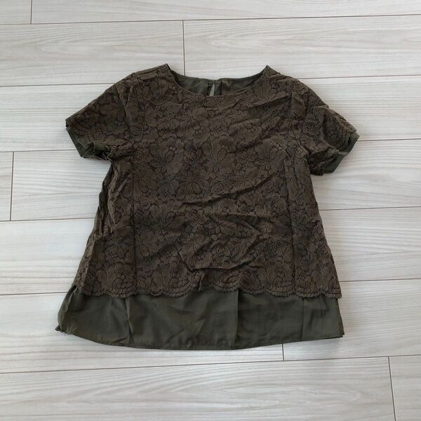 半袖 Tシャツ ブラウス カーキ リバーシブル レース