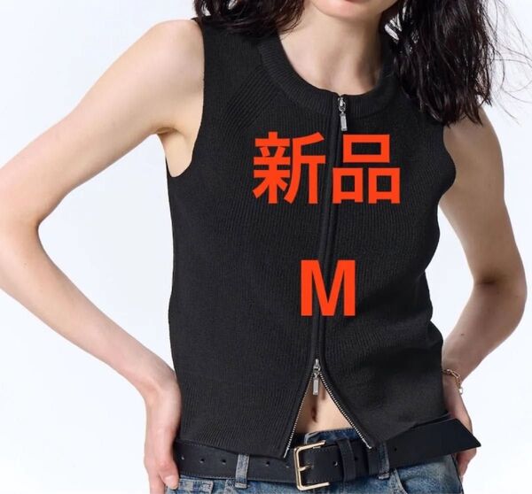 新品 GU ダブルジップセーター ノースリーブ ベスト セーター M ブラック